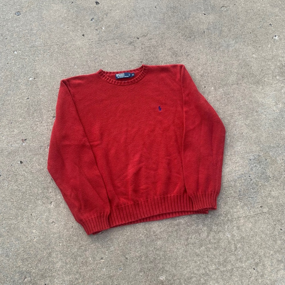VTG Polo Ralph Lauren Red Cotton Crewneck Sweater XL Navy Pony Logo Pullover